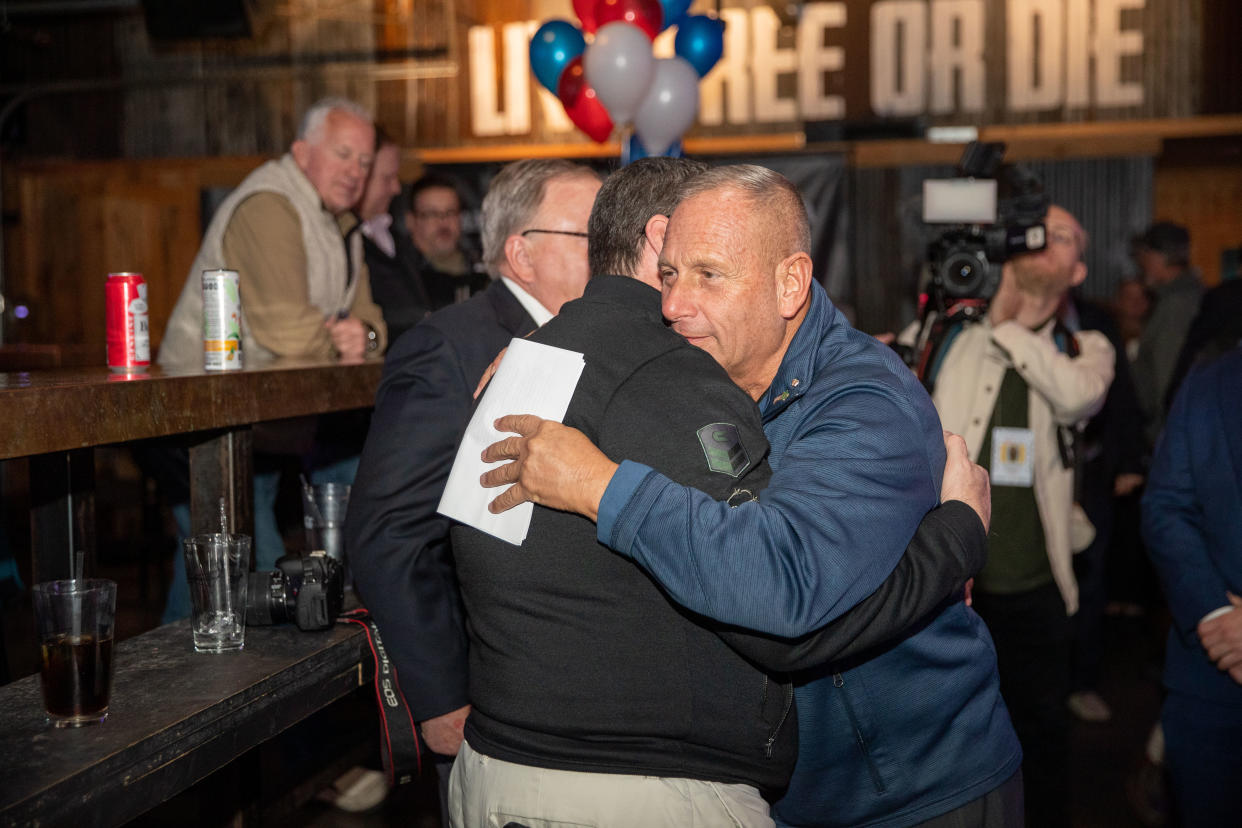 Republican candidate for Senator Don Bolduc hugs supporter at an election night party on November 08, 2022 in Manchester, New Hampshire. (Scott Eisen/Getty Images)