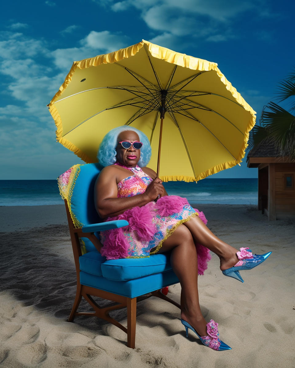 An AI-generated image of Justice Clarence Thomas dressed in drag.<span class="copyright">@RuPublicans / MidJourney</span>