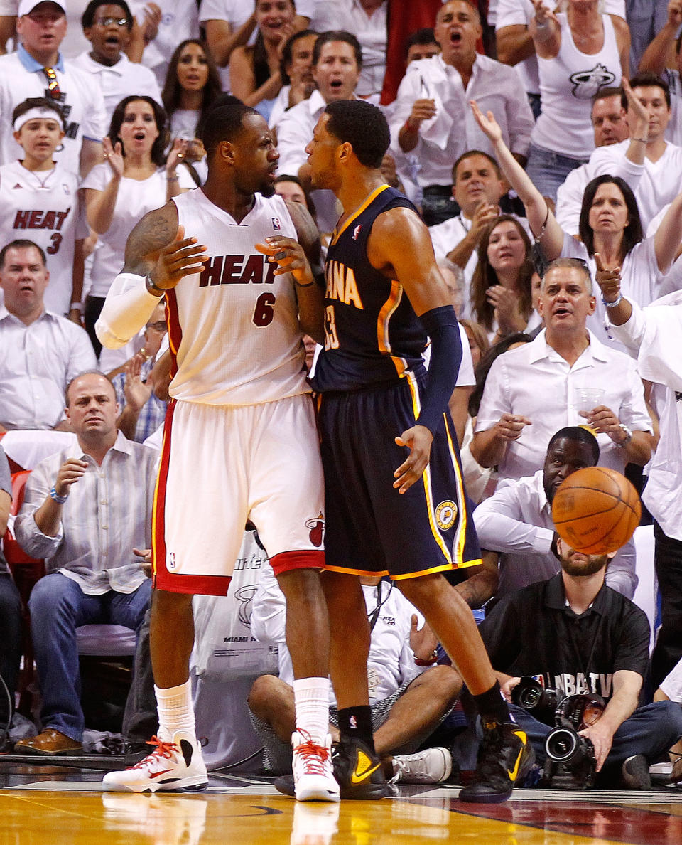 MIAMI, FL - MAY 15: LeBron James #6 of the Miami Heat argues with Danny Granger #33 of the Indiana Pacers during Game Two of the Eastern Conference Semifinals in the 2012 NBA Playoffs at AmericanAirlines Arena on May 15, 2012 in Miami, Florida. NOTE TO USER: User expressly acknowledges and agrees that, by downloading and/or using this Photograph, User is consenting to the terms and conditions of the Getty Images License Agreement. (Photo by Mike Ehrmann/Getty Images)