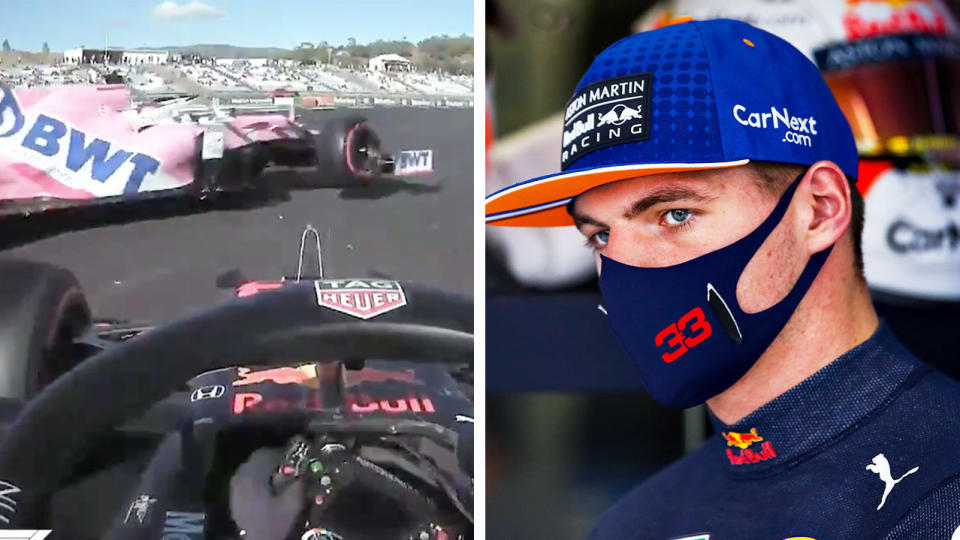 Max Verstappen (pictured right) during the F1 and (pictured left) crashing with Lance Stroll.