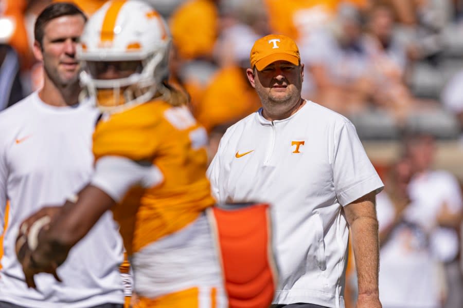 Tennessee head coach Josh Heupel watches his players during warmups before an NCAA college football game against UTSA, Saturday, Sept. 23, 2023, in Knoxville, Tenn. (AP Photo/Wade Payne)