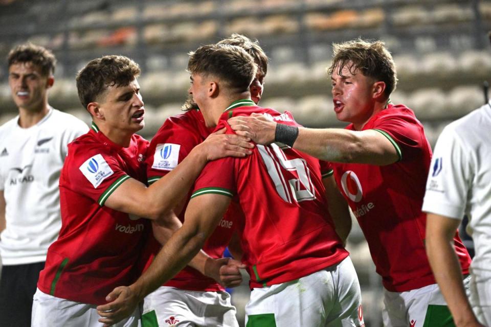 JOY: Wales celebrate Dragons full-back Huw Anderson's score against New Zealand at the World Rugby U20 Championship <i>(Image: Photo by Thinus Maritz/World Rugby)</i>