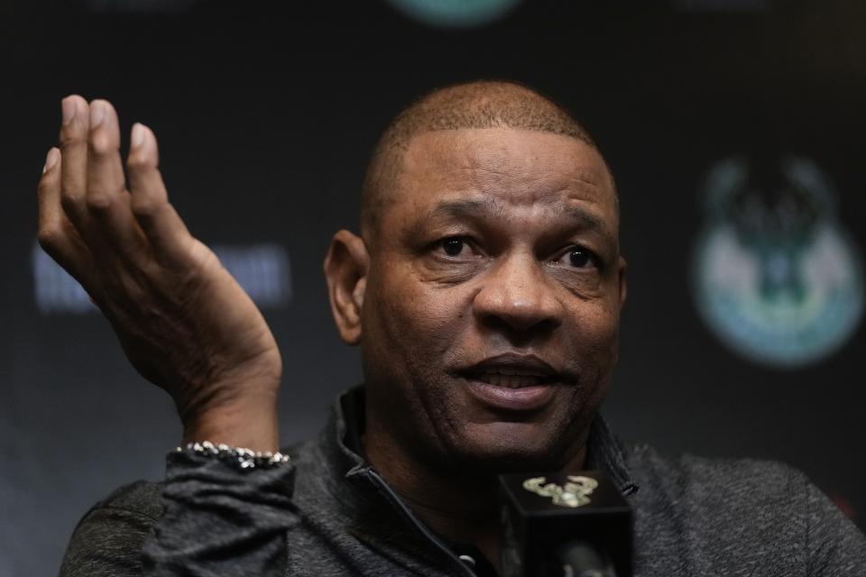 Doc Rivers speaks after being introduced as the Milwaukee Bucks head coach at a news conference Saturday, Jan. 27, 2024, in Milwaukee. (AP Photo/Morry Gash)