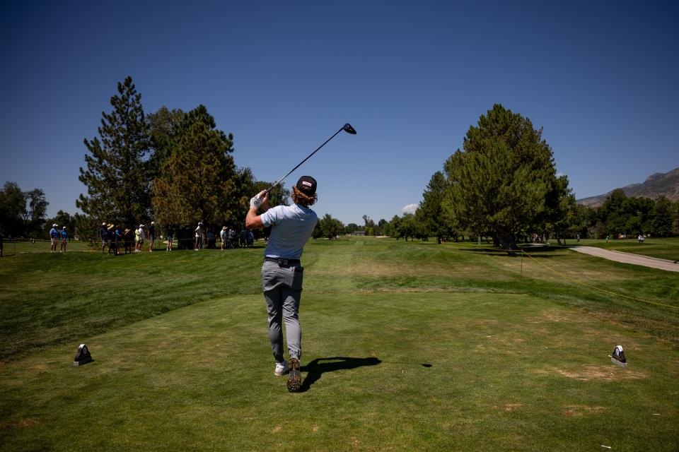 Carson Lundell hits a tee shot during the Utah Championship, part of the PGA Korn Ferry Tour, at Oakridge Country Club in Farmington on Saturday, Aug. 5, 2023. | Spenser Heaps, Deseret News