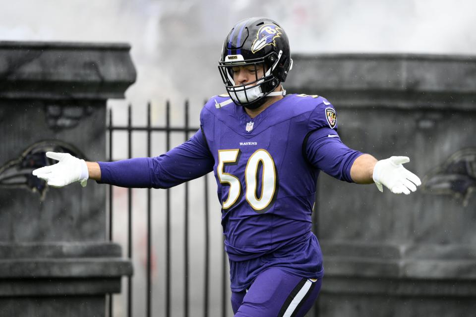 Baltimore Ravens linebacker Kyle Van Noy takes to the field before a game against the Los Angeles Rams, Sunday, Dec. 10, 2023, in Baltimore. The former BYU star is one of the cornerstones of the Ravens defense. | Nick Wass, Associated Press