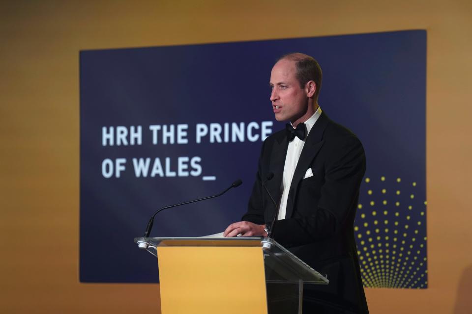 Britain's Prince William delivers a speech as he attends the Diana Legacy Awards, at the Science Museum in London, Thursday, March 14, 2024. The Prince met key staff and supporters of the Diana Award, and heard about the recipients' work.