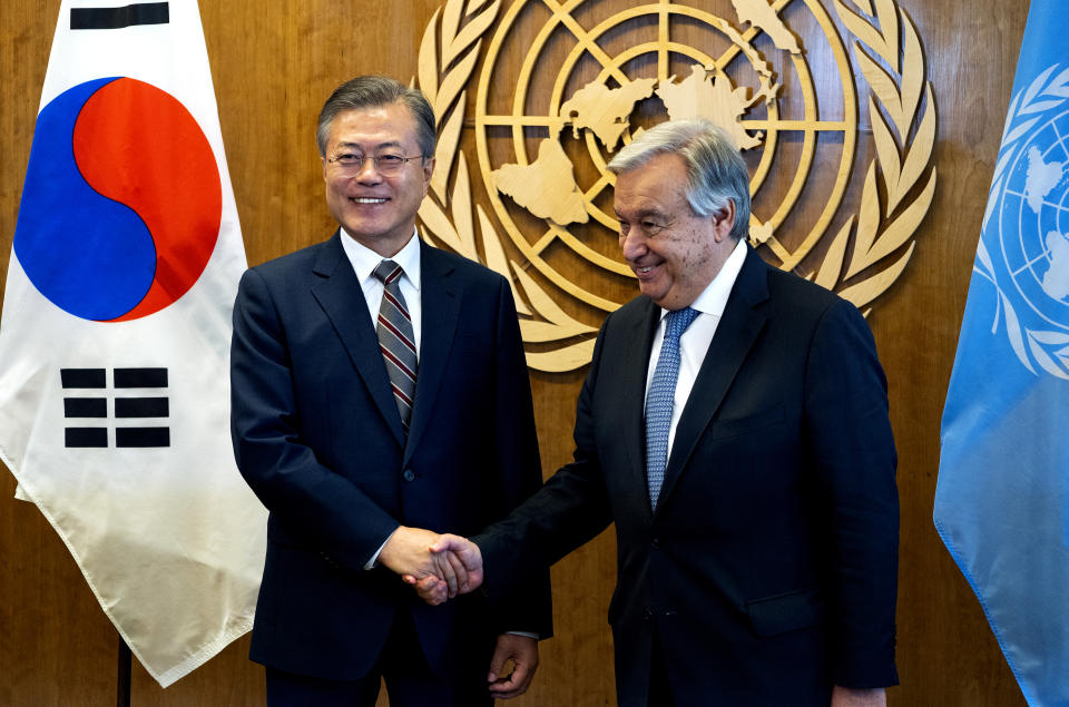 South Korean President Moon Jae-In , left, is greeted by United Nations Secretary-General Antonio Guterres Monday, Sept. 24, 2018, at U.N. headquarters. (AP Photo/Craig Ruttle)