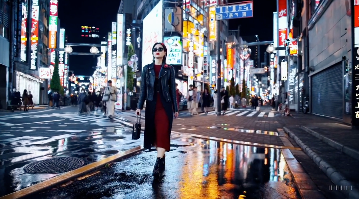 A shot from a video of a woman walking down a Tokyo street generated by Sora  (OpenAI)