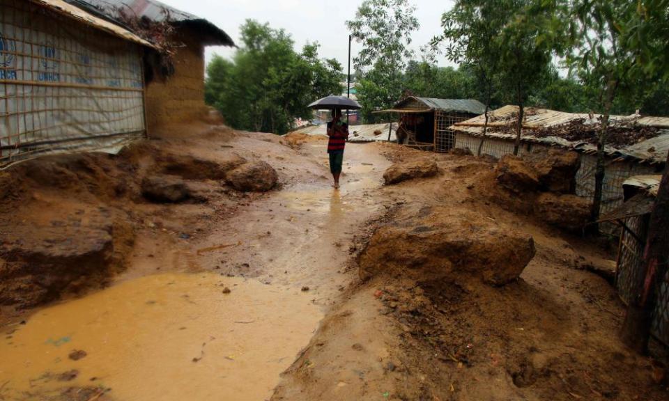 Rainwater collects at a Rohingya refugee camp in Cox’s Bazar