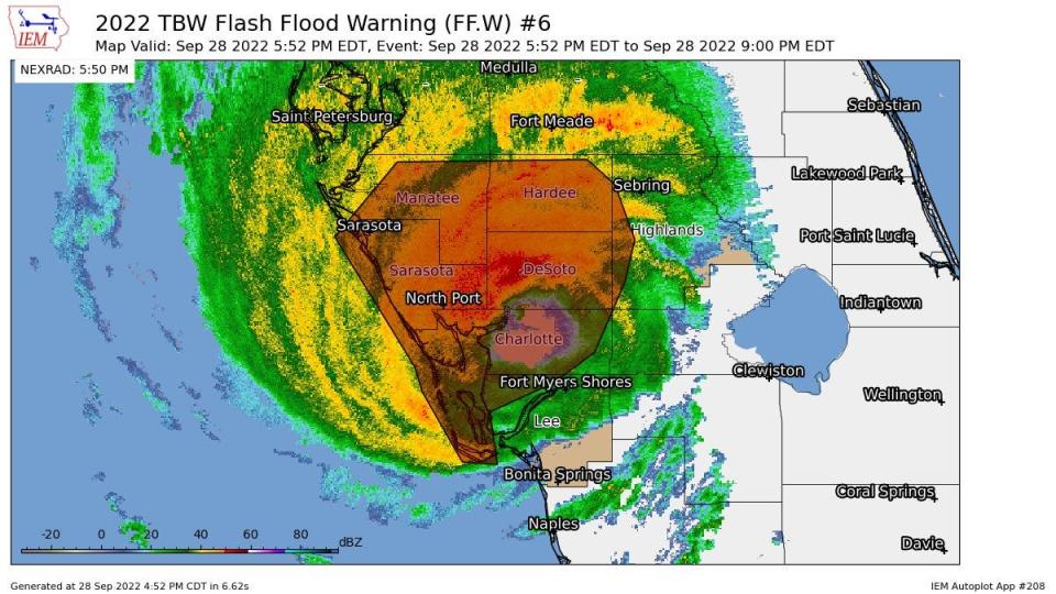 A Flash Flood Warning for Hurricane Ian continues until at least 9 p.m.