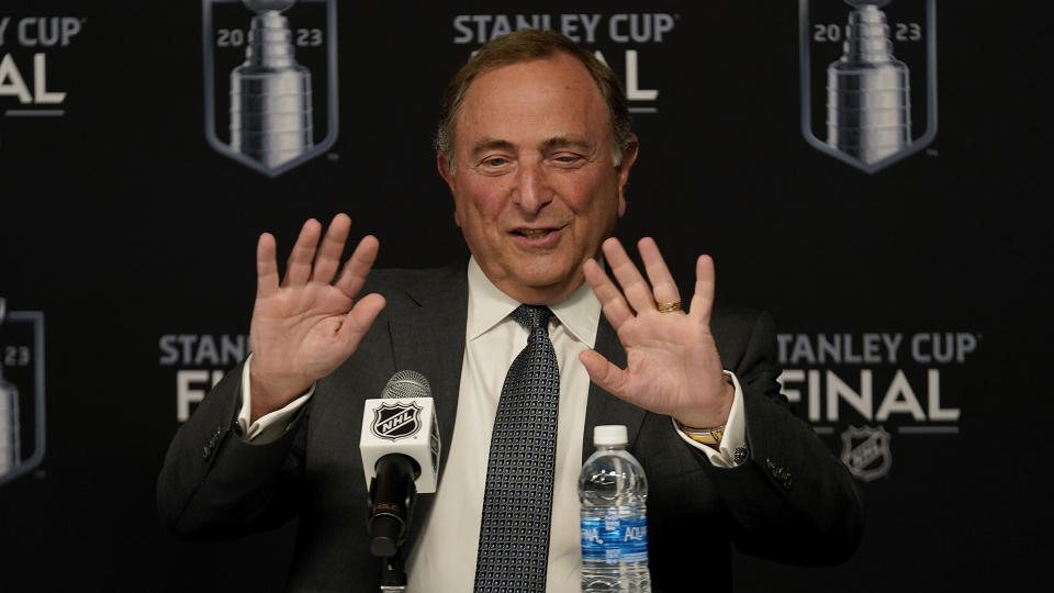 NHL commissioner Gary Bettman speaks prior to Game 1 of the NHL Stanley Cup Final between the Florida Panthers and the Vegas Golden Knights. (AP Photo/Abbie Parr)