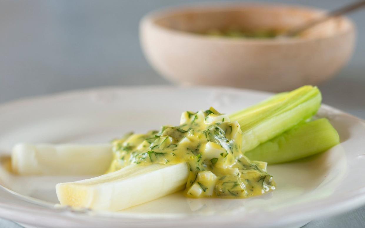 Leeks, served here with a sauce gribiche, are rich in vitamin K, fibre and folate - Andrew Crowley