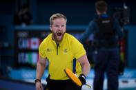 <p>Sweden’s Niklas Edin reacts during the curling men’s round robin session between Denmark and Sweden during the Pyeongchang 2018 Winter Olympic Games. </p>