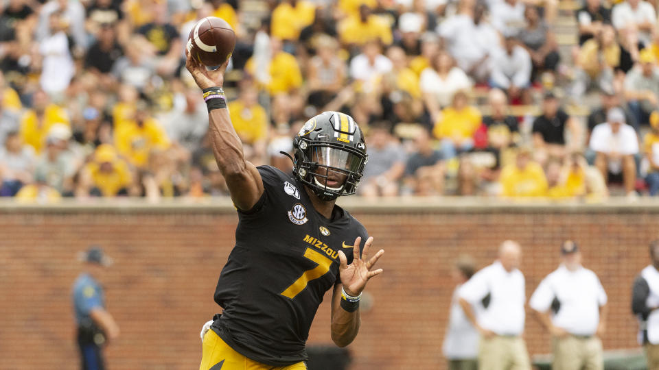 Missouri quarterback Kelly Bryant throws a pass during the second quarter of an NCAA college football game against South Carolina Saturday, Sept. 21, 2019, in Columbia, Mo. (AP Photo/L.G. Patterson)