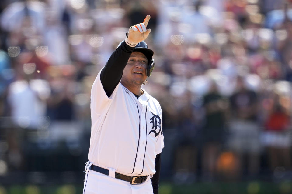 Detroit Tigers' Miguel Cabrera reacts to hitting a double against the Cleveland Guardians in the fourth inning of a baseball game, Saturday, Sept. 30, 2023, in Detroit. (AP Photo/Paul Sancya)