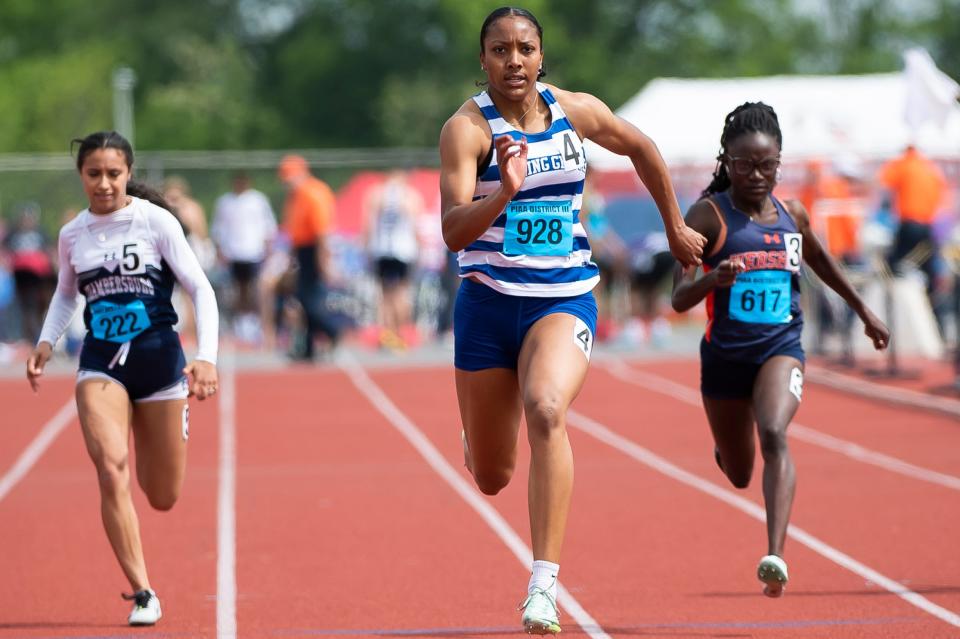 Spring Grove's Laila Campbell breaks her own record in the 3A 100-meter dash with a 11.55 gold-medal finish at the PIAA District 3 Track and Field Championships at Shippensburg University Saturday, May 20, 2023. Campbell, a junior, later also broke her own district record in the 200-meter dash (23.24).