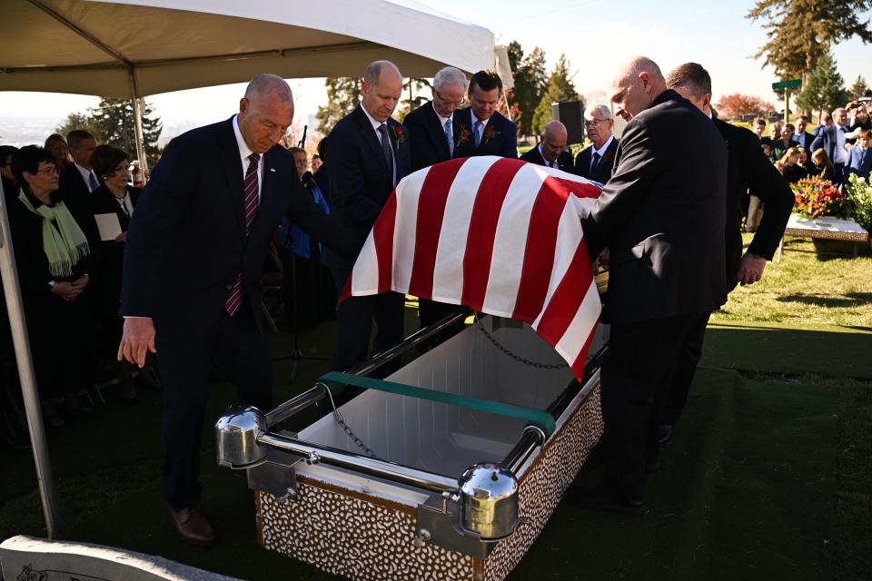 President M. Russell Ballard’s casket is brought to the gravesite in the Salt Lake City Cemetery on Friday, Nov. 17, 2023. | Scott G Winterton, Deseret News