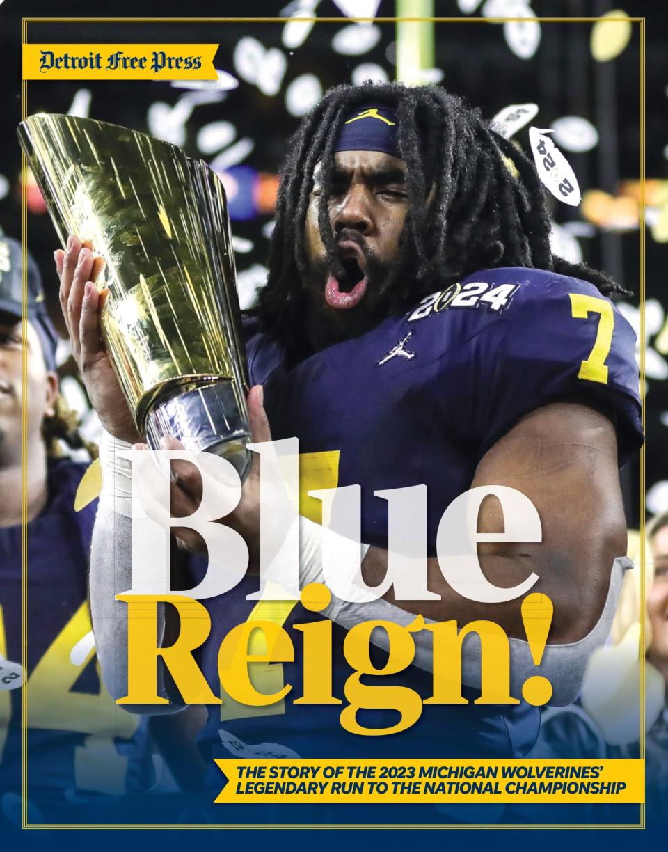 The cover of "Blue Reign: The Story of the 2023 Michigan Wolverines' Legendary Run to the National Championship".