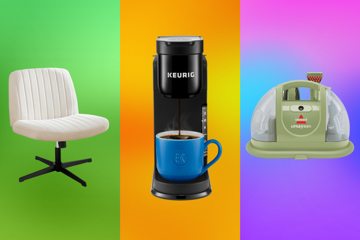 A white chair, Keurig coffee maker, Bissell Little Green cleaner