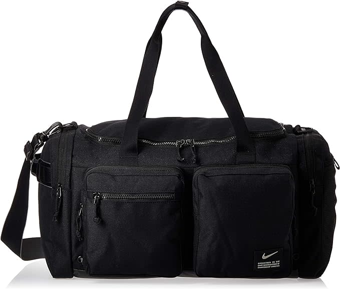 black duffle bag with two exterior pockets