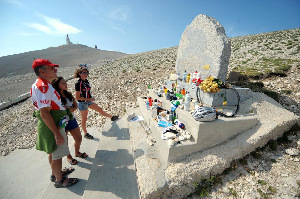 People view the Tom Simpson memorial 1km from the finish of tomorrow's Stage 15 of Le Tour De France at the summit of Mont Ventoux in the Alps.