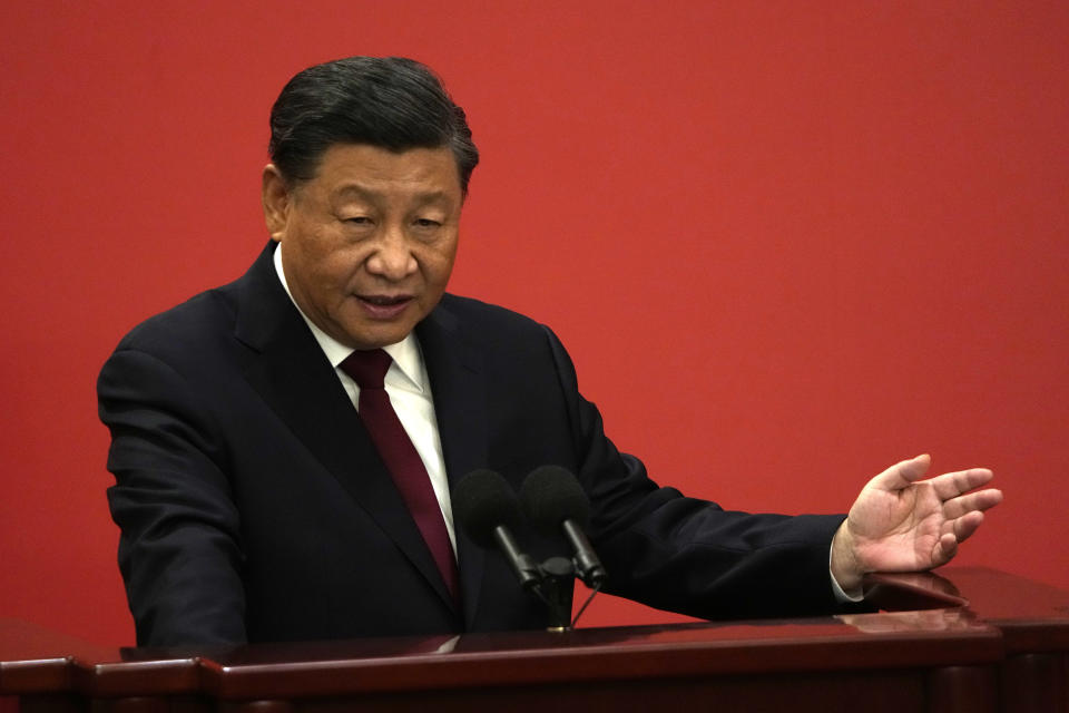 Chinese President Xi Jinping speaks at an event to introduce new members of the Politburo Standing Committee at the Great Hall of the People in Beijing, Sunday, Oct. 23, 2022. (AP Photo/Ng Han Guan)