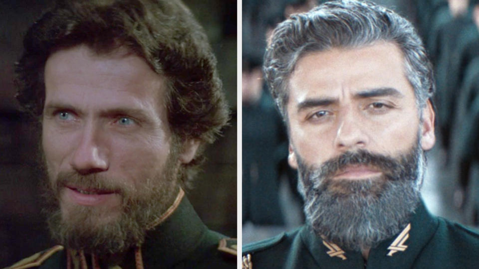 Jürgen Prochnow in a military jacket next to Oscar Isaac in a similar jacket