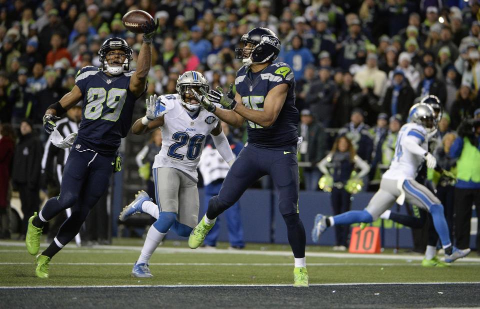 <p>Seattle Seahawks wide receiver Doug Baldwin (89) catches a touchdown pass against the Detroit Lions during the second half in the NFC Wild Card playoff football game at CenturyLink Field. Mandatory Credit: Troy Wayrynen-USA TODAY Sports </p>