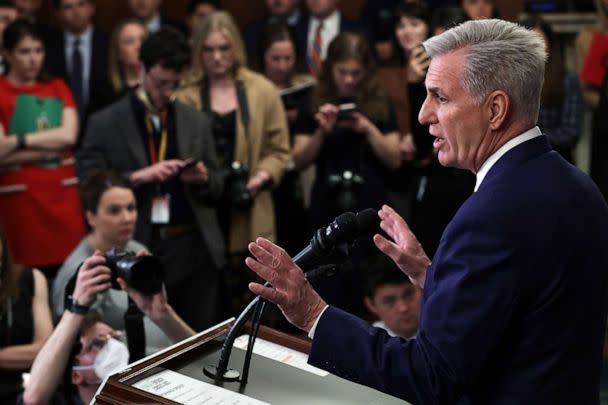 PHOTO: Speaker of the House Kevin McCarthy speaks to members of the press during a news conference at the U.S. Capitol on March 30, 2023, in Washington, D.C. (Alex Wong/Getty Images)
