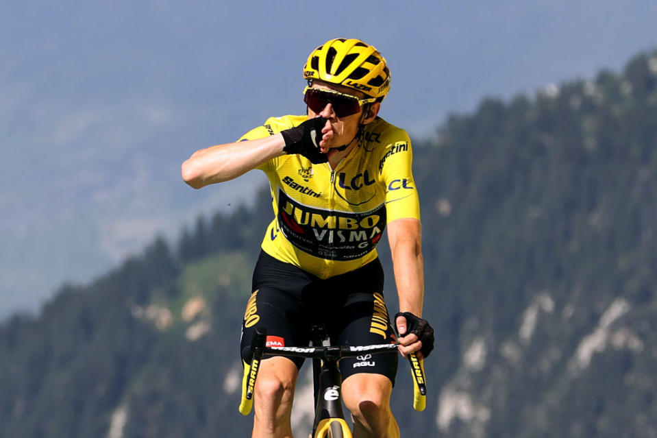 COURCHEVEL FRANCE  JULY 19 Jonas Vingegaard of Denmark and Team JumboVisma  Yellow Leader Jersey reacts after the stage seventeen of the 110th Tour de France 2023 a 1657km at stage from SaintGervais MontBlanc to Courchevel  UCIWT  on July 19 2023 in Courchevel France Photo by Michael SteeleGetty Images