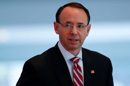 FILE PHOTO: U.S. Deputy Attorney General Rod J. Rosenstein attends the Los Angeles Crimefighters Leadership Conference in Los Angeles, California, U.S., February 7, 2019. REUTERS/Mike Blake/File Photo