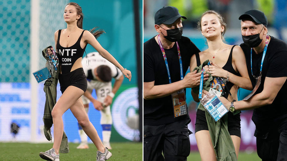 A Euro 2020 pitch invader is seen here being caught by security.