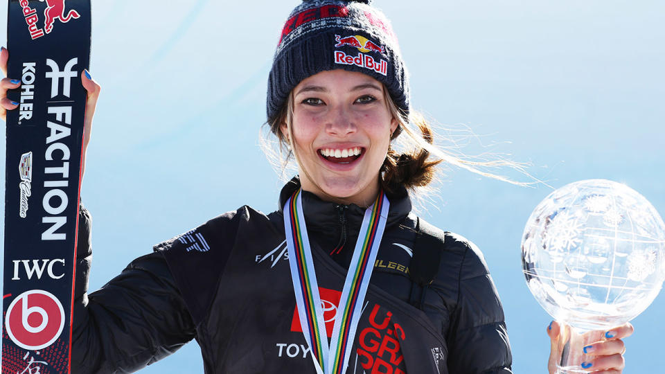 Eileen Gu, pictured here celebrating after winning in the women's freeski halfpipe competition at the US Grand Prix in January.