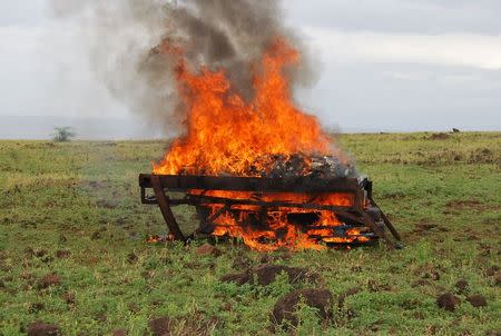 Drugs seized by Cape Verde's judicial police during their raid on targets in the Flying Boat case are burnt in Praia, Cape Verde, in this October 26, 2011 handout. REUTERS/Cape Verde Judicial Police/Handout via Reuters.