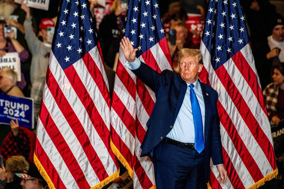 Former president and 2024 presidential candidate Donald Trump leaves after speaking at a campaign rally in Claremont, N.H. (Joseph Prezioso / AFP - Getty Images)