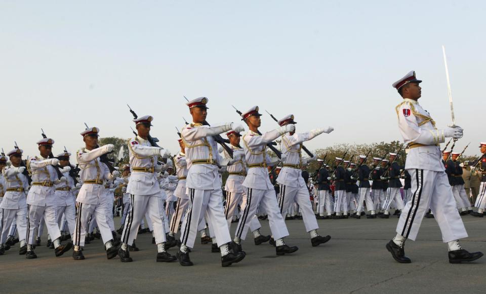 Members of the honor guard march during a ceremony to mark Myanmar's 70th anniversary of Union Day in Naypyitaw, Myanmar, Sunday, Feb. 12, 2017. (AP Photo/Aung Shine Oo)