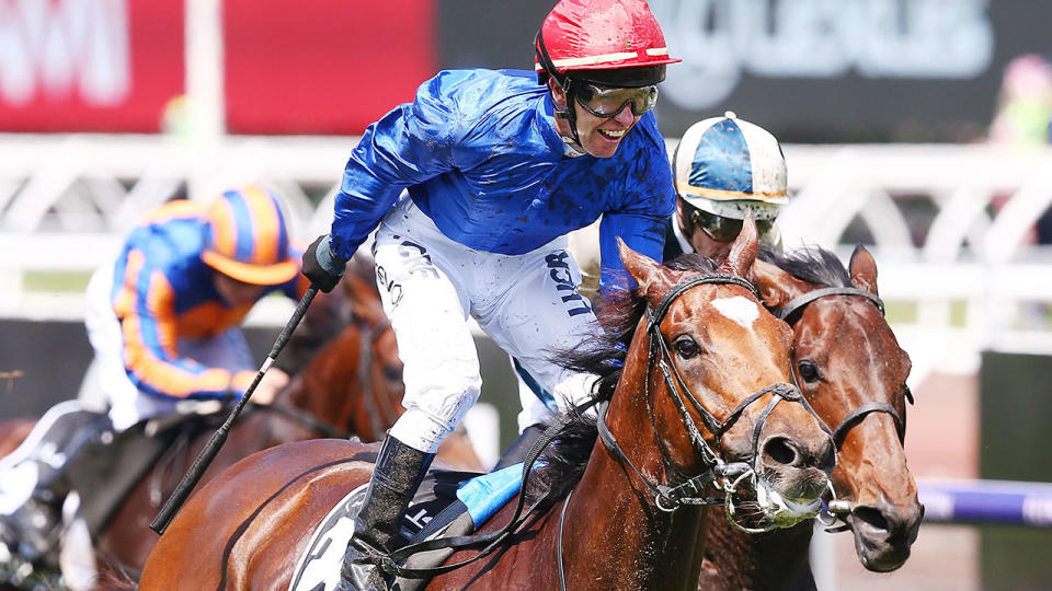 Jockey Kerrin McEvoy riding Cross Counter wins race 7 the Lexus Melbourne Cup during Melbourne Cup Day at Flemington Racecourse on November 6, 2018 in Melbourne, Australia. (Photo by Michael Dodge/Getty Images)