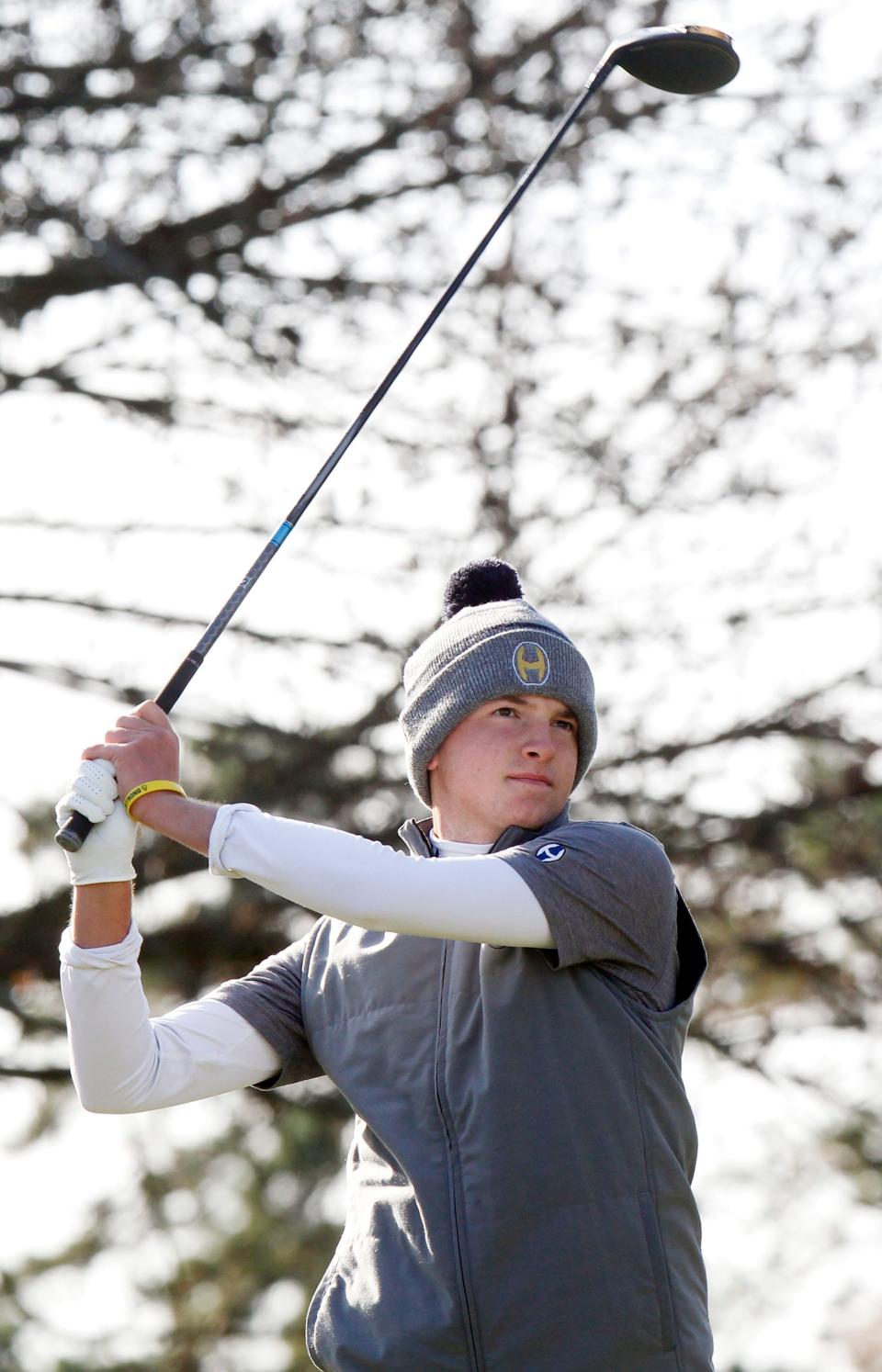 Archbishop Hoban's Chris Pollak tees-off during the round one of the Division I Boys State Golf Championships at the Ohio State Golf Club Scarlet Course on Oct. 21.