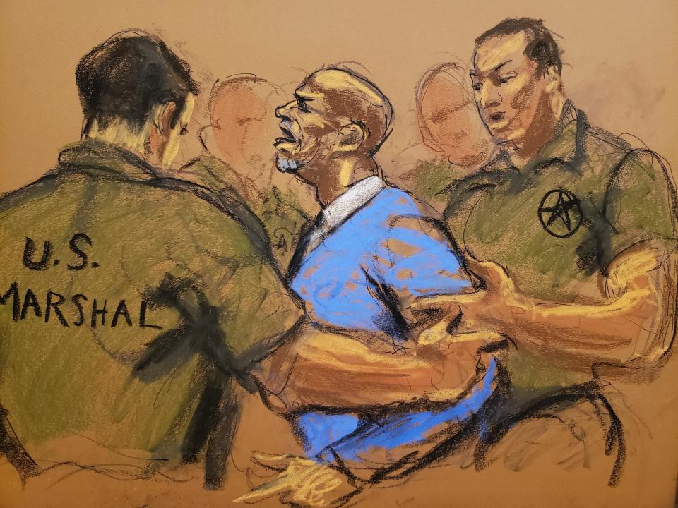 A courtroom sketch depicts the verdict being announced on Feb. 27, 2024. / Credit: Jane Rosenberg