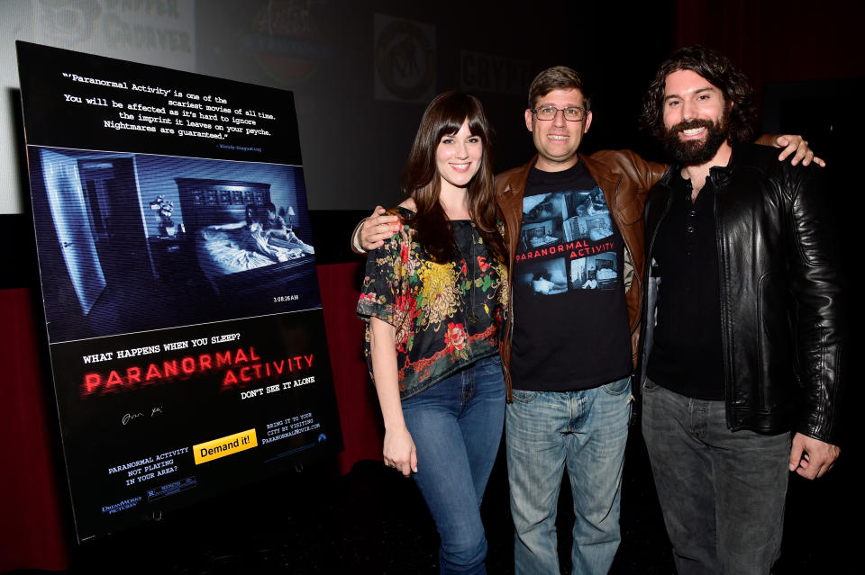 HOLLYWOOD, CA - OCTOBER 21:  (L-R) Actress Katie Featherton, filmmaker Oren Peli and actor Micah Sloat attend a screening and Q&A at Screamfest for the Original Paranormal Activity at the TCL Chinese Theatre on October 21, 2015 in Hollywood, California.  (Photo by Frazer Harrison/Getty Images For Paramount)