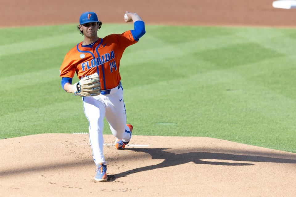 Jun 1, 2024; Stillwater, OK, USA; Florida Pitcher Jac Caglianone (14) pitches the ball during a NCAA regional baseball game against Oklahoma State at O'Brate Stadium. Mandatory Credit: Mitch Alcala-The Oklahoman