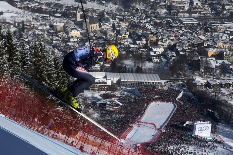 Croatia's Ivica Kostelic competes during the men's World Cup Downhill, on January 26, 2013 in Kitzbuehel, Austrian Alps. The mecca of ski racing welcomes 100,000 people for three days to watch in awe as 50 or so skiers propel themselves down the Hahnenkamm mountain at bone-rattling speeds of 140kph. Spectacular crashes are part and parcel