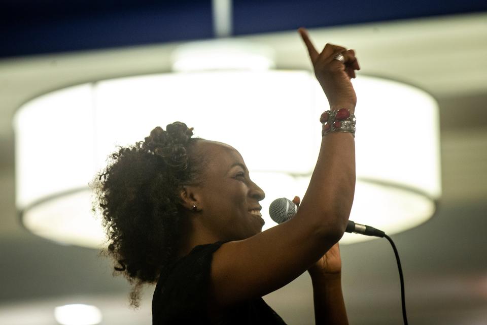 Renae Symonette performs during an Iowa City Church service Sunday at the Graduate Hotel in Iowa City. This was the second Sunday that the church held services at the hotel, its new temporary home.