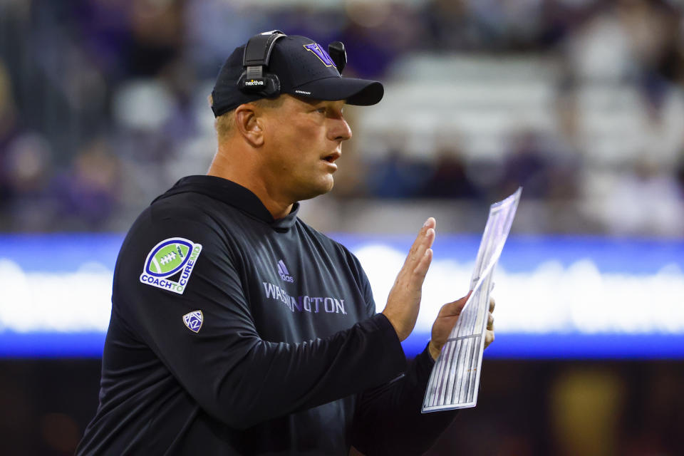 Sep 24, 2022; Seattle, Washington, USA; Washington Huskies head coach Kalen DeBoer applauds following a field goal against the Stanford Cardinal during the third quarter at Alaska Airlines Field at Husky Stadium. Mandatory Credit: <a class="link " href="https://sports.yahoo.com/ncaaf/players/327695" data-i13n="sec:content-canvas;subsec:anchor_text;elm:context_link" data-ylk="slk:Joe;sec:content-canvas;subsec:anchor_text;elm:context_link;itc:0">Joe</a> Nicholson-USA TODAY Sports