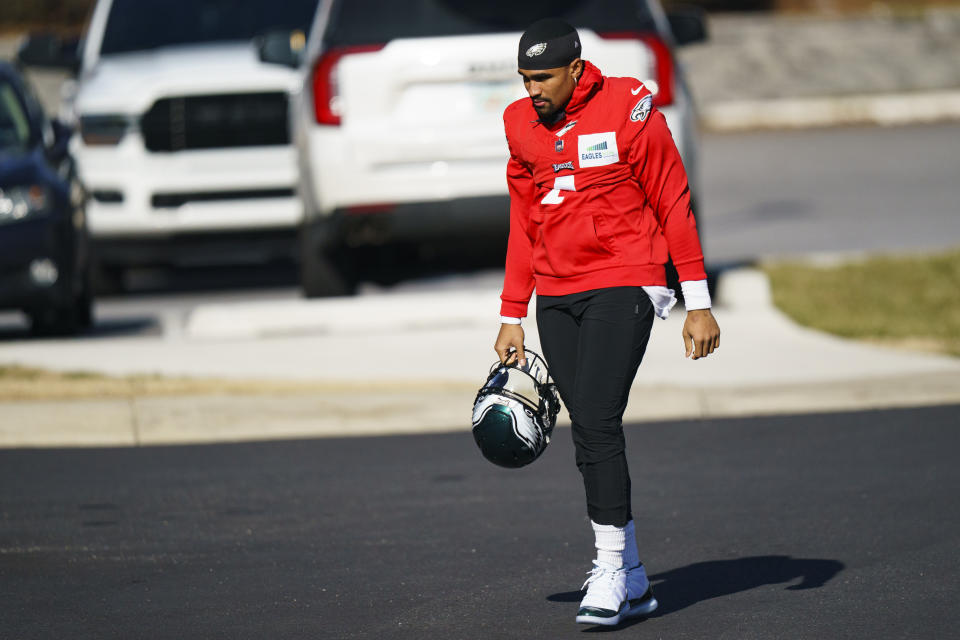 Philadelphia Eagles quarterback Jalen Hurts heads to the practice field during NFL football workout, Thursday, Jan. 26, 2023, in Philadelphia. The Eagles are scheduled to play the San Francisco 49ers Sunday in the NFC championship game.(AP Photo/Chris Szagola)