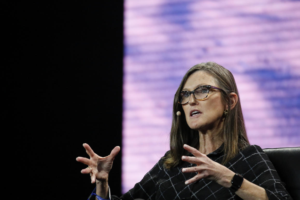 MIAMI, FLORIDA - APRIL 7: Cathie Wood, chief executive officer and chief investment officer, Ark Invest, gestures as she speaks during the Bitcoin 2022 Conference at Miami Beach Convention Center on April 7, 2022 in Miami, Florida. The world's largest bitcoin conference runs from April 6-9, expecting over 30,000 people in attendance and over 7 million live stream viewers worldwide.(Photo by Marco Bello/Getty Images)