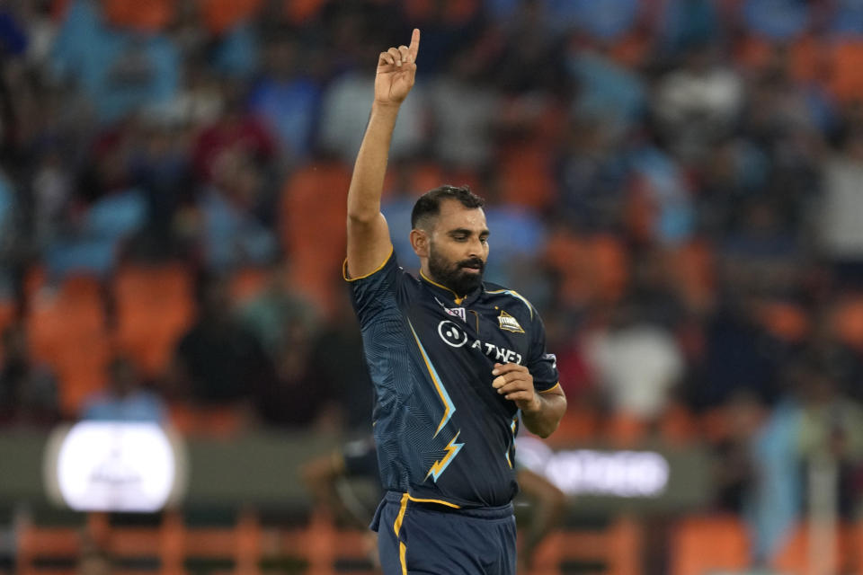 Gujarat Titans' Mohammed Shami celebrates the dismissal of Delhi Capitals' Priyam Garg during the Indian Premier League cricket match between Gujarat Titans and Delhi Capitals in Ahmedabad, India, Tuesday, May 2, 2023. (AP Photo/Ajit Solanki)