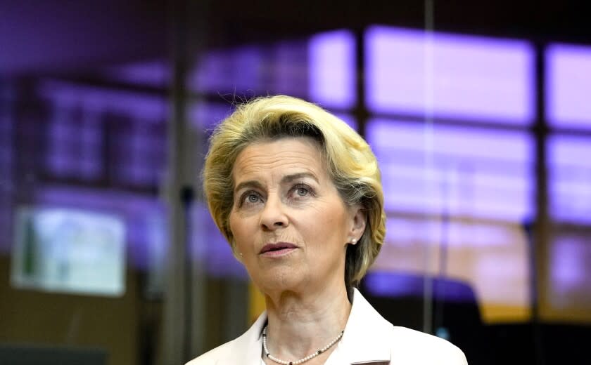 European Commission President Ursula von der Leyen waits for the start of the College of Commissioners meeting at EU headquarters in Brussels on Wednesday, July 20, 2022. European Union Commissioners started to put the finishing touches early Wednesday on a drastic plan to make sure that any Russian cut off of its vast natural gas supplies to the bloc will not disrupt industries and send an additional chill through homes next winter. (AP Photo/Virginia Mayo)