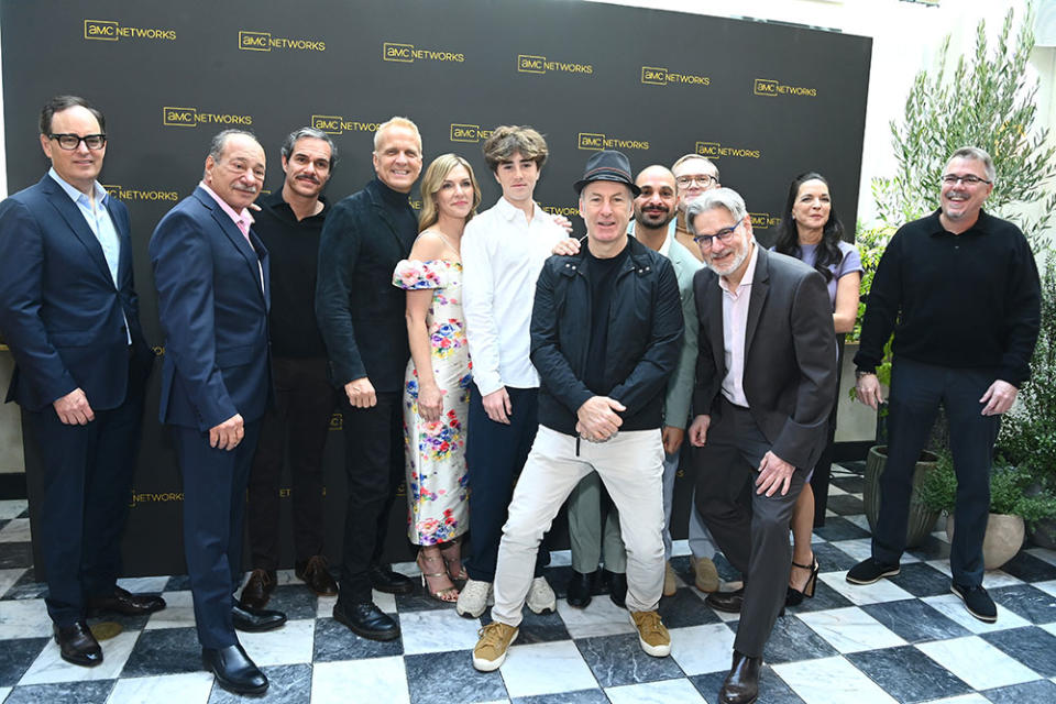 Dan McDermott, Juan Carlos Cantu, Tony Dalton, Patrick Fabian, Rhea Seehorn and her son, Bob Odenkirk, Michael Mando, Peter Gould, Pat Healy, Kristin Dolan and Vince Gilligan attend the AMC Networks' EMMY Brunch at LAVO Ristorante on January 14, 2024 in West Hollywood, California.