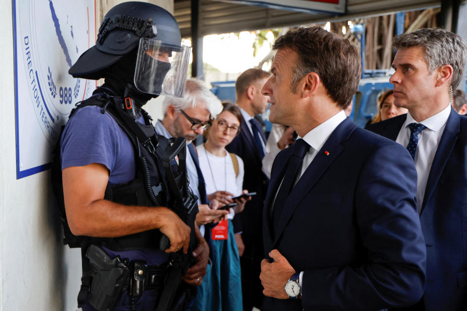 French President Emmanuel Macron arrives at the central police station in Noumea, in France's Pacific territory of New Caledonia, May 23, 2024. / Credit: LUDOVIC MARIN/Pool/REUTERS